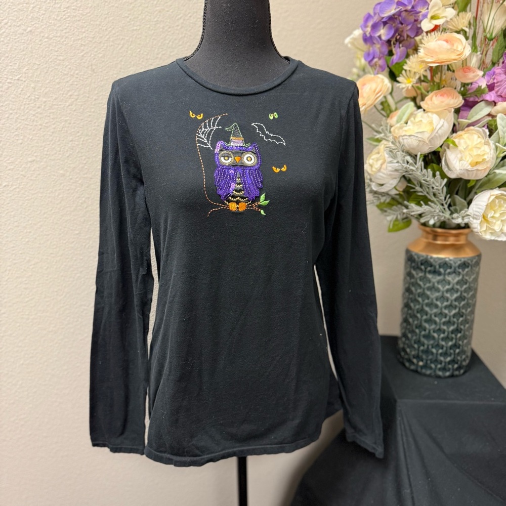 Halloween Owl Embellished Long Sleeve Tee Shirt – Black L/XL (12/14)